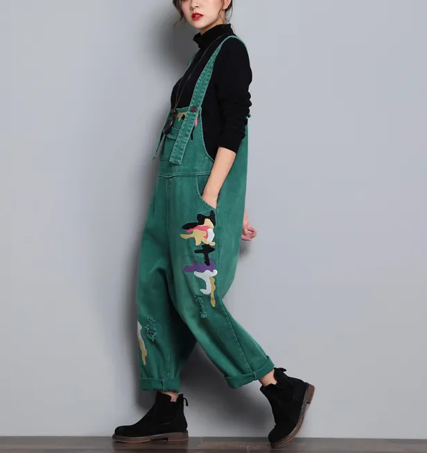 Green Denim Casual Spring Denim Overall Women Jumpsuits QY08