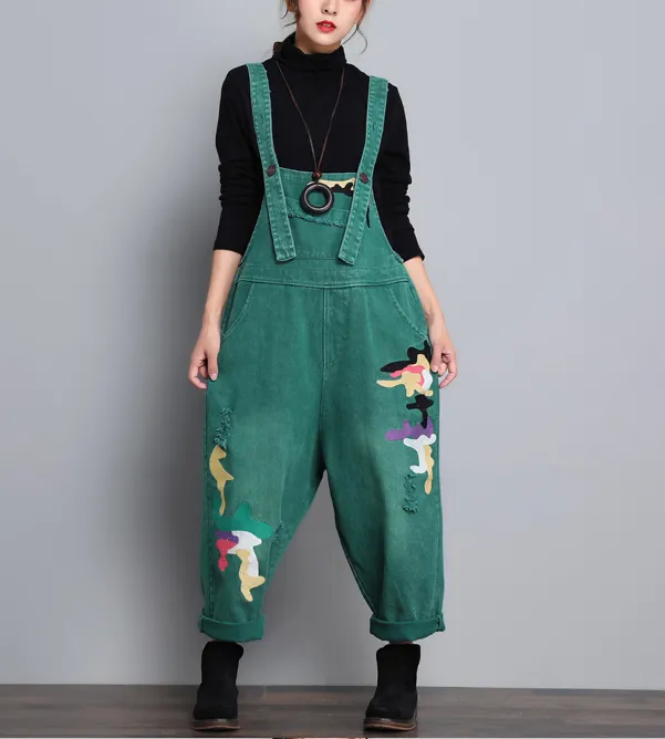 Green Denim Casual Spring Denim Overall Women Jumpsuits QY08