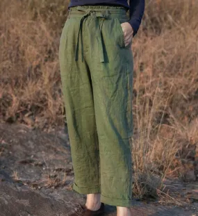 Green Linen Summer Autumn Women Casual Pants SMM97235