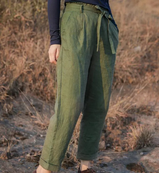 Green Linen Summer Autumn Women Casual Pants SMM97235