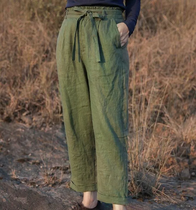 Green Linen Summer Autumn Women Casual Pants SMM97235