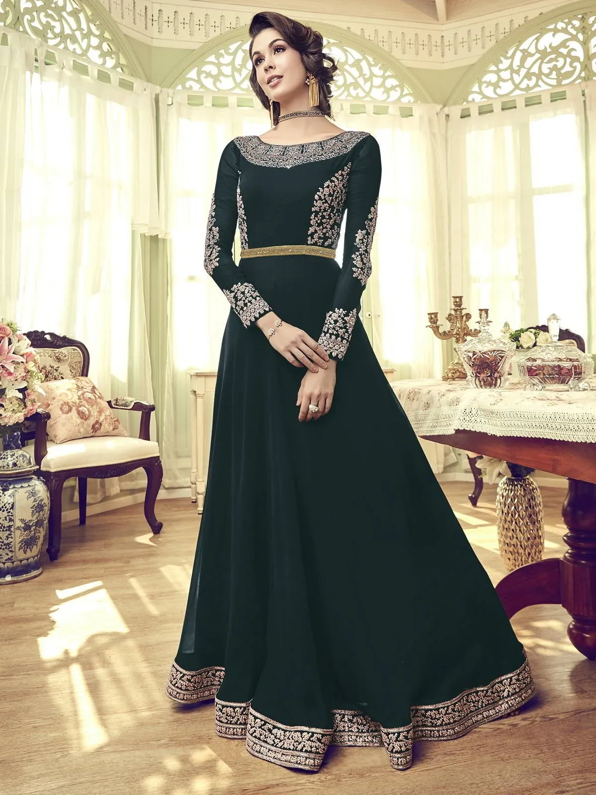 Green Overcoat Style Embroidered Anarkali Gown