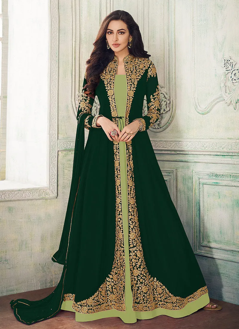 Green Two Tone Jacket Style Embroidered Pant Suit