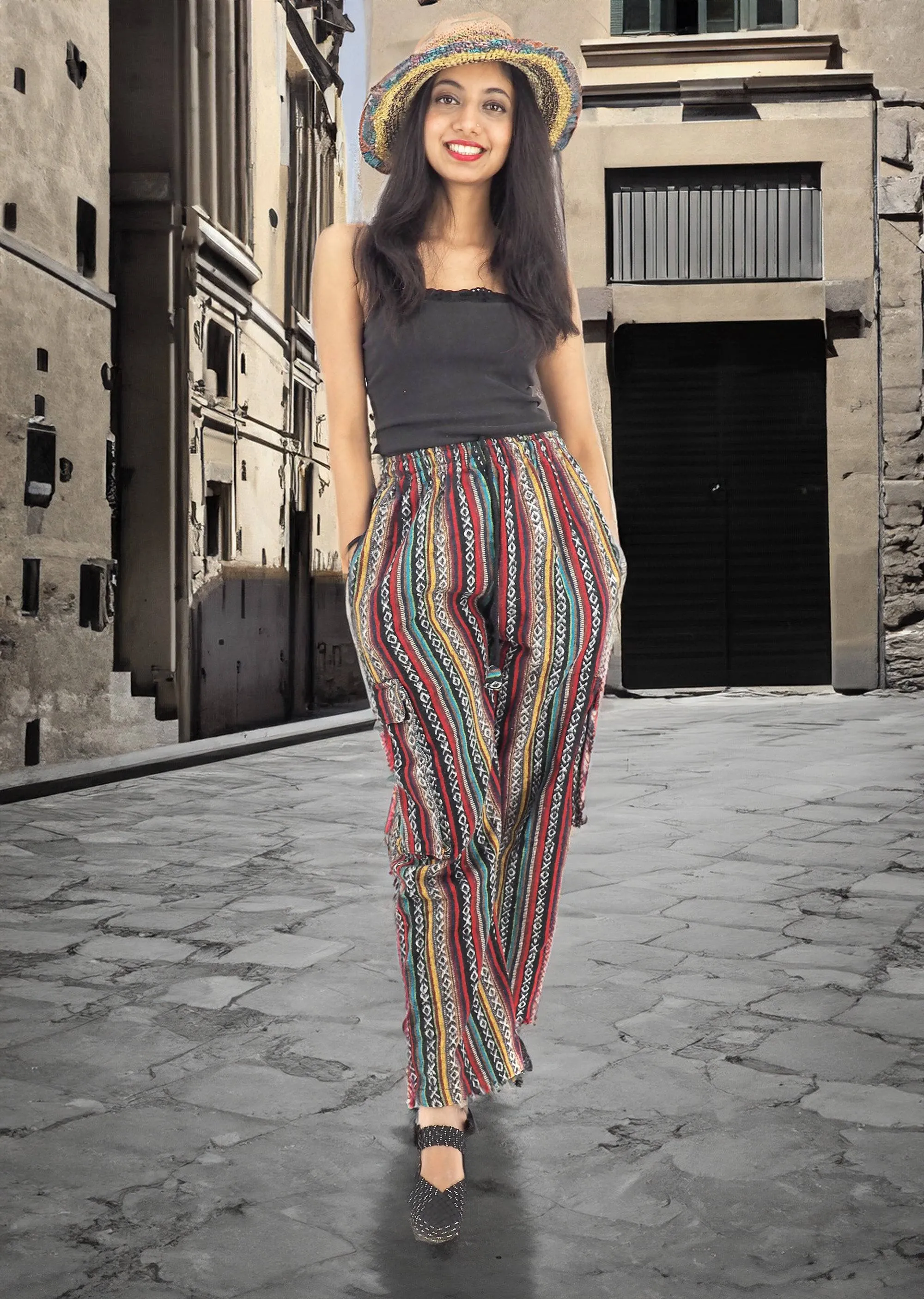 Handmade Casual Boho Hippie Cotton Stripe Pants Multi Color Size S-M-L-XL