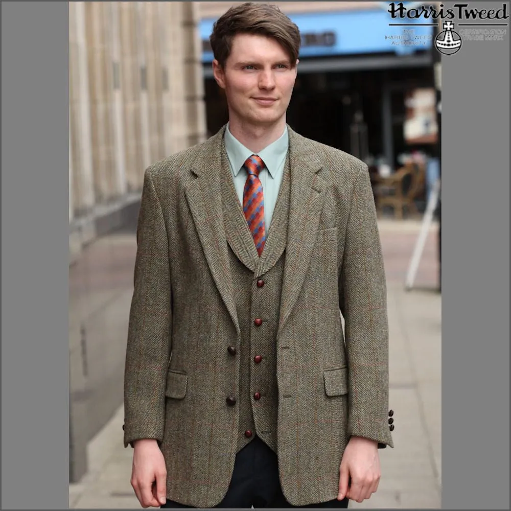 Harris Tweed Beige/Olive Herringbone Waist Coat--