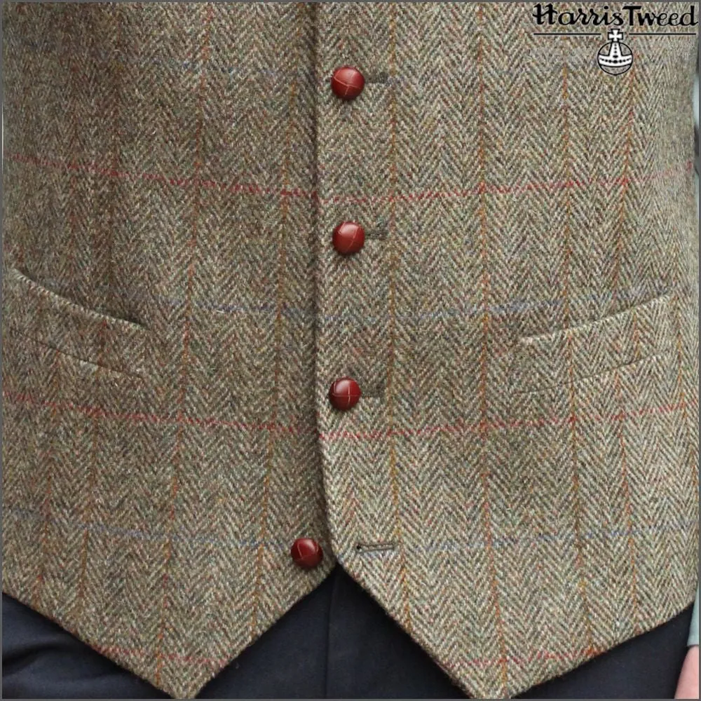 Harris Tweed Beige/Olive Herringbone Waist Coat--