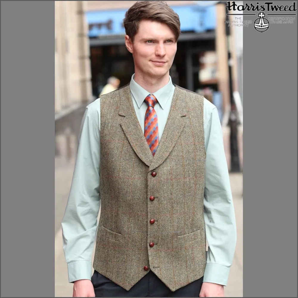 Harris Tweed Beige/Olive Herringbone Waist Coat--