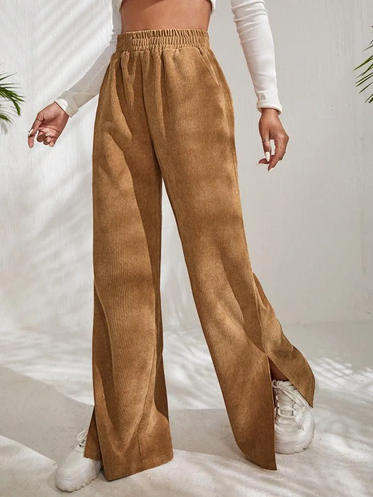 High Waist Solid Corduroy Splice Slit Bottom Pants