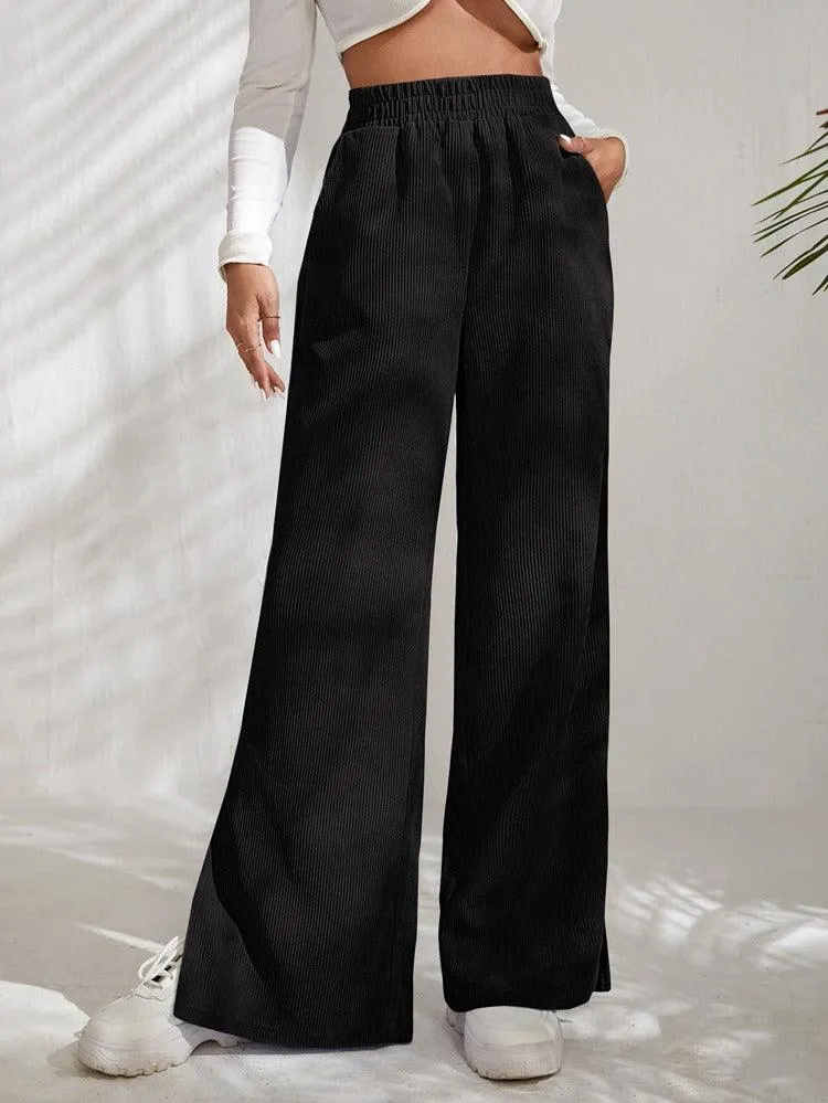 High Waist Solid Corduroy Splice Slit Bottom Pants