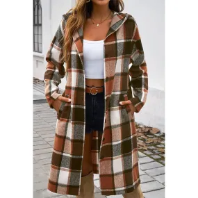 Hooded Flannel Trench Coat - Brown Plaid