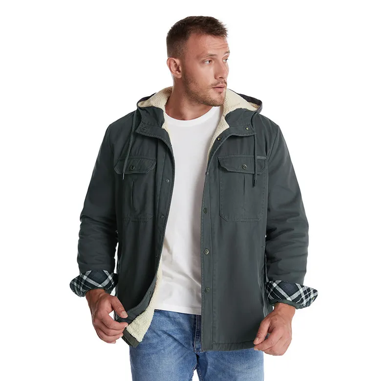 Hooded Regular Fit Sherpa Lined Shirt Jacket For Men