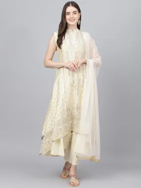 Jashvi Cream Chanderi kurta Pant Set with Net Dupatta