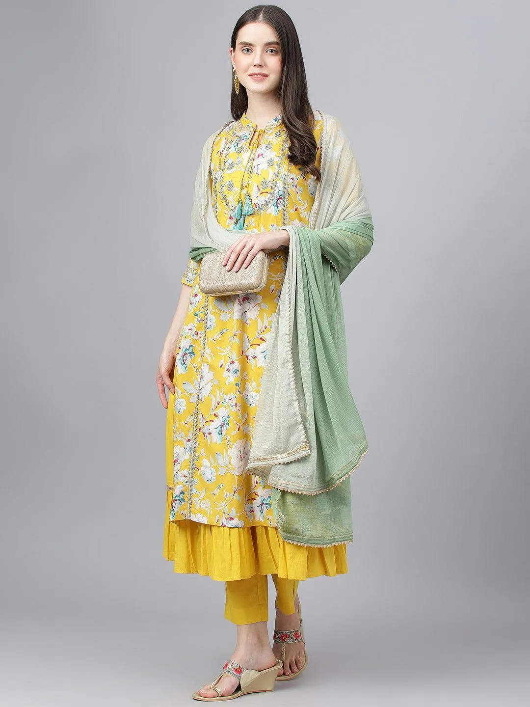 Jashvi Yellow Cotton Kurta Pant Set with Nazneen Dupatta