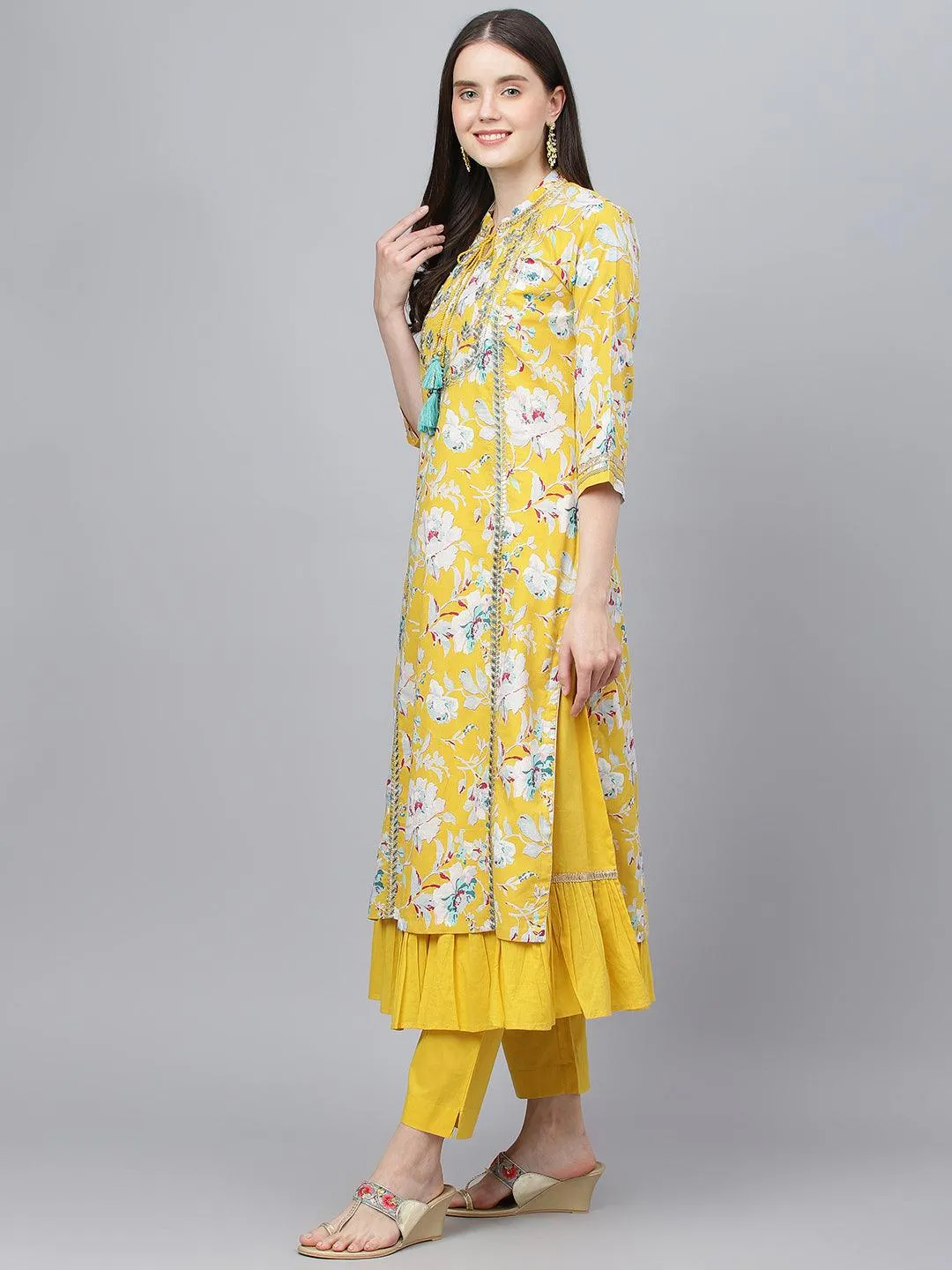 Jashvi Yellow Cotton Kurta Pant Set with Nazneen Dupatta