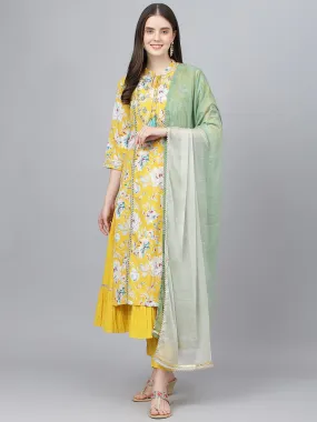 Jashvi Yellow Cotton Kurta Pant Set with Nazneen Dupatta