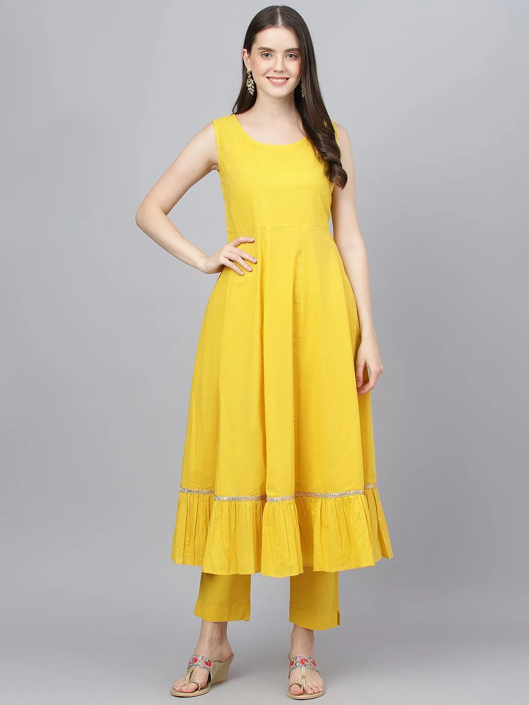 Jashvi Yellow Cotton Kurta Pant Set with Nazneen Dupatta