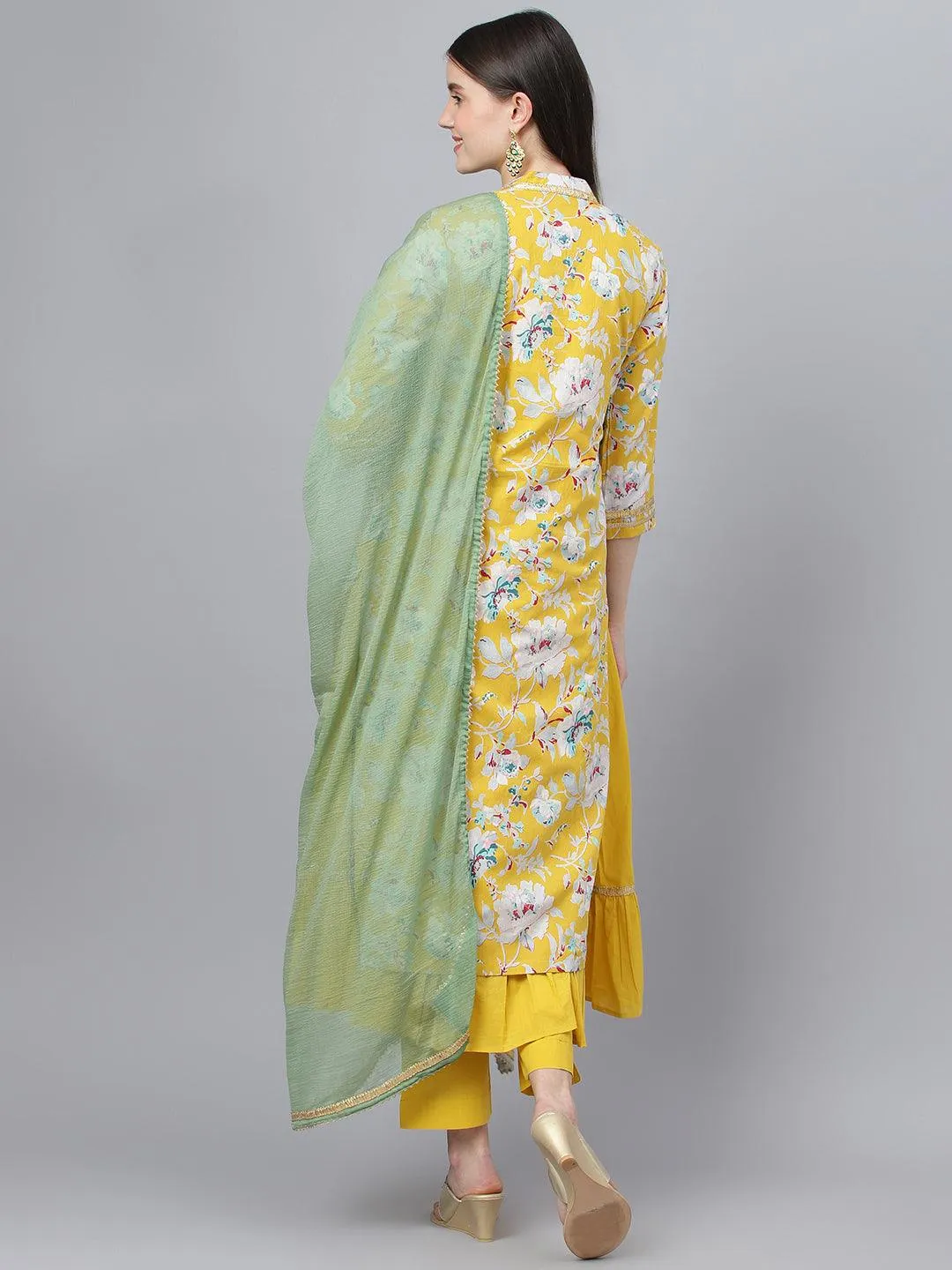 Jashvi Yellow Cotton Kurta Pant Set with Nazneen Dupatta