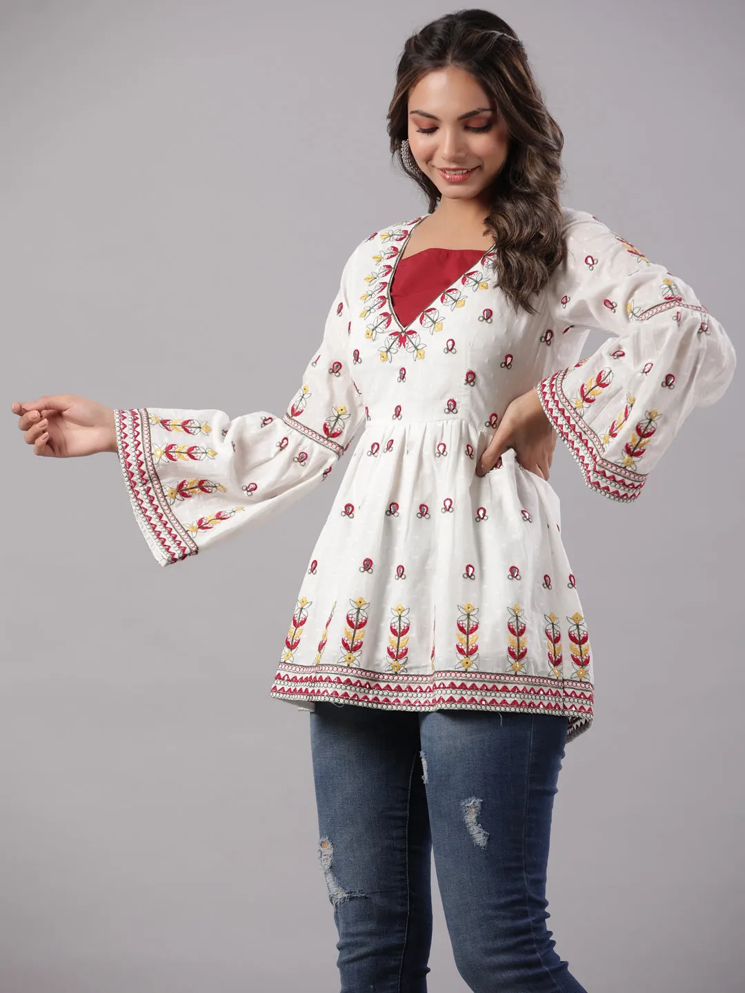 Juniper Multi-Color Cotton Dobby Peplum Tunic With Thread & Mirror Embroidery