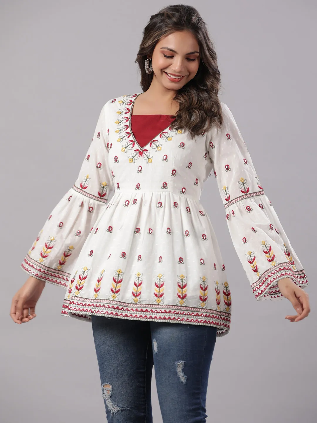 Juniper Multi-Color Cotton Dobby Peplum Tunic With Thread & Mirror Embroidery