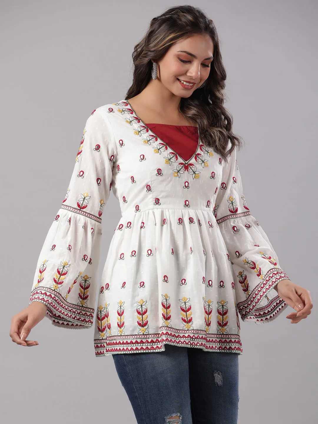 Juniper Multi-Color Cotton Dobby Peplum Tunic With Thread & Mirror Embroidery