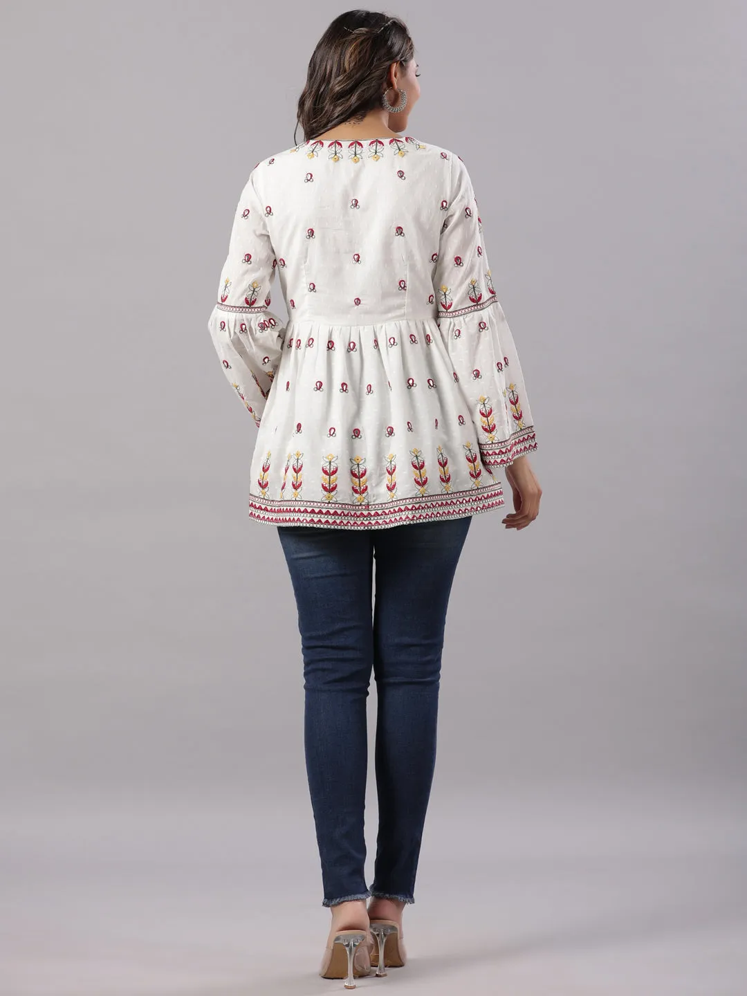 Juniper Multi-Color Cotton Dobby Peplum Tunic With Thread & Mirror Embroidery