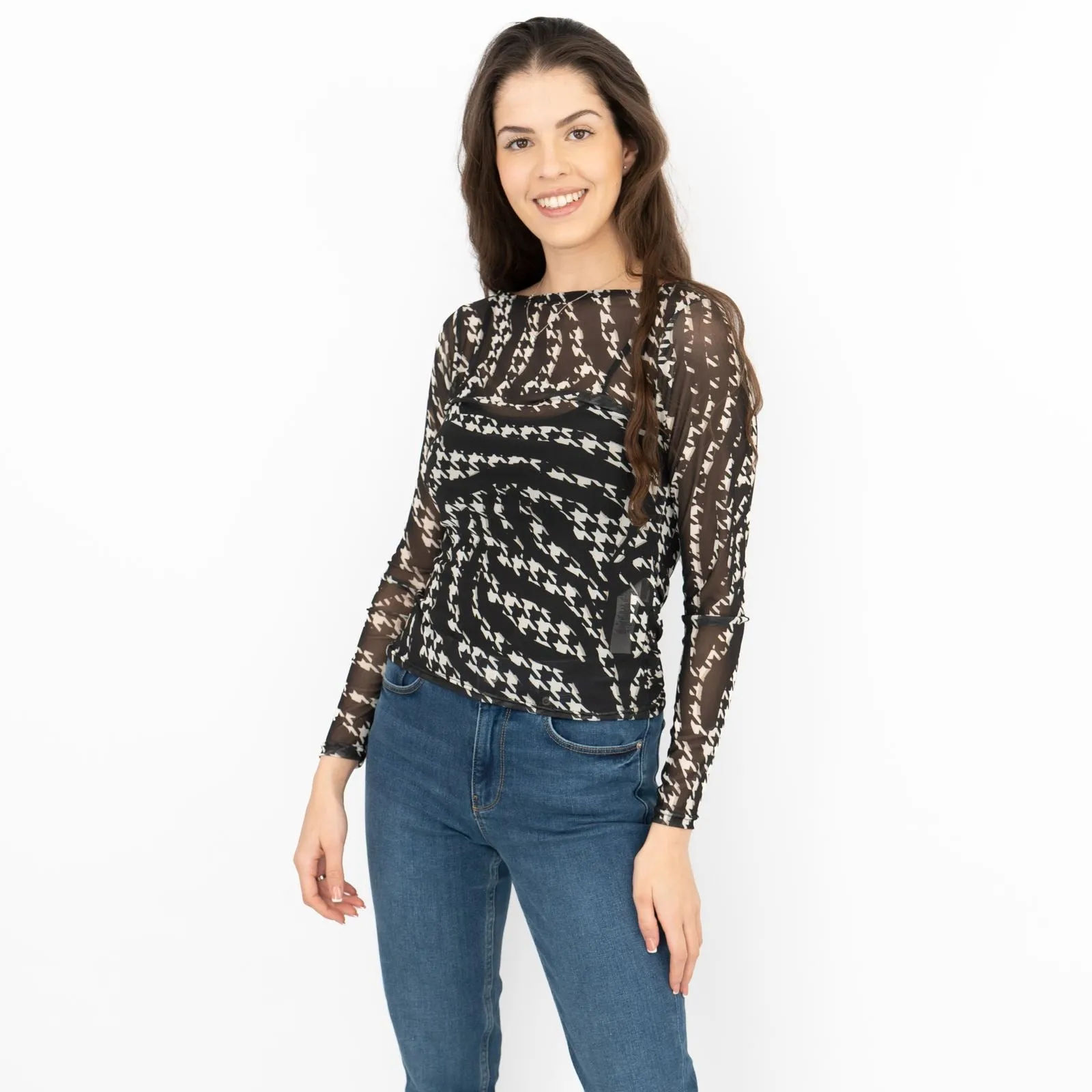 Karen Millen Black Abstract Houndstooth Print Long Sleeve Mesh Tops