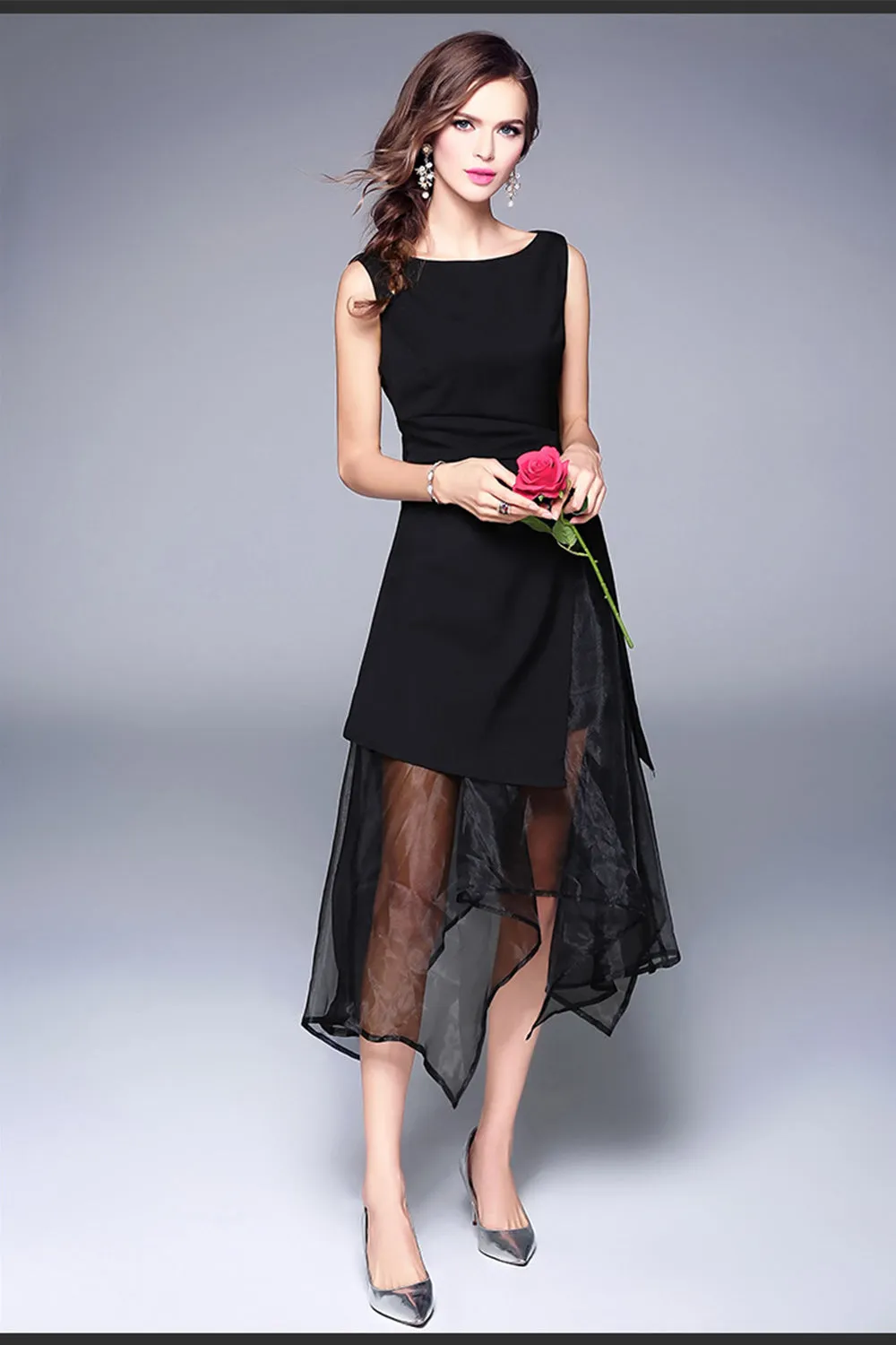 Ketty More Women Long Beautiful Irregular Shape Chiffon Dress Black-KMWD040