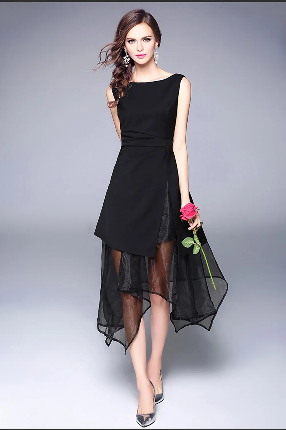 Ketty More Women Long Beautiful Irregular Shape Chiffon Dress Black-KMWD040