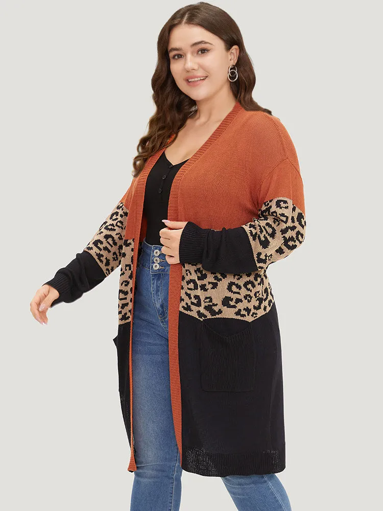 Leopard Colorblock Patchwork Patched Pocket Cardigan