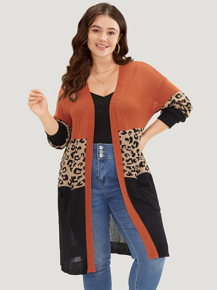 Leopard Colorblock Patchwork Patched Pocket Cardigan