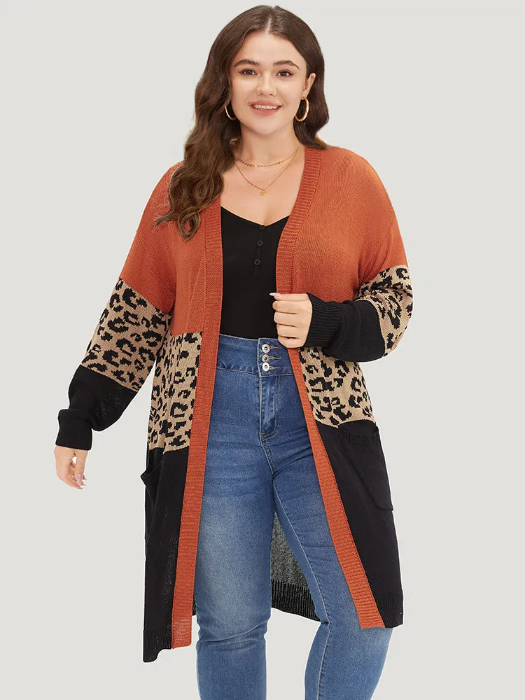 Leopard Colorblock Patchwork Patched Pocket Cardigan