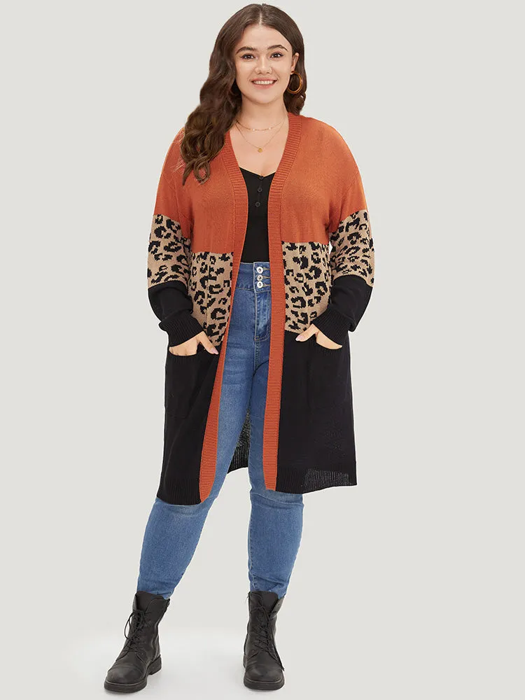 Leopard Colorblock Patchwork Patched Pocket Cardigan