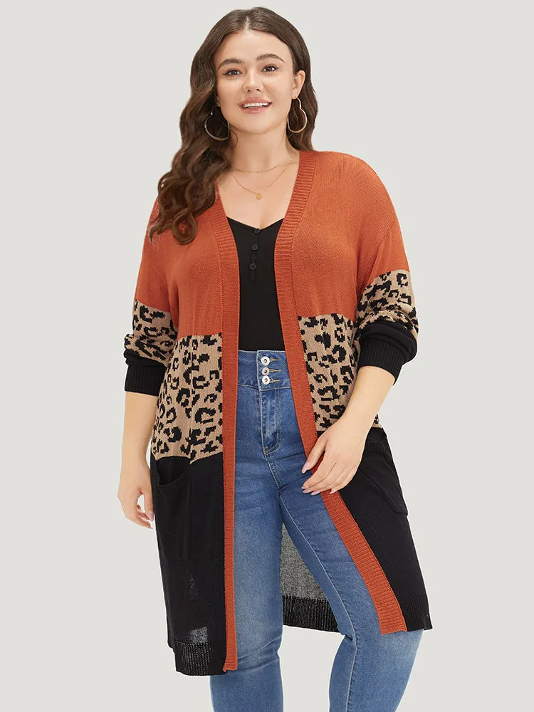 Leopard Colorblock Patchwork Patched Pocket Cardigan