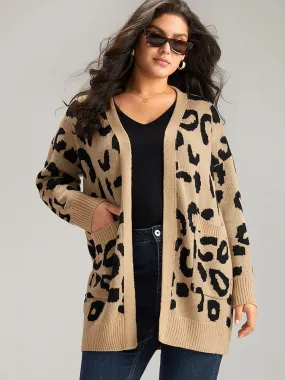 Leopard Elastic Cuffs Drop Shoulder Cardigan