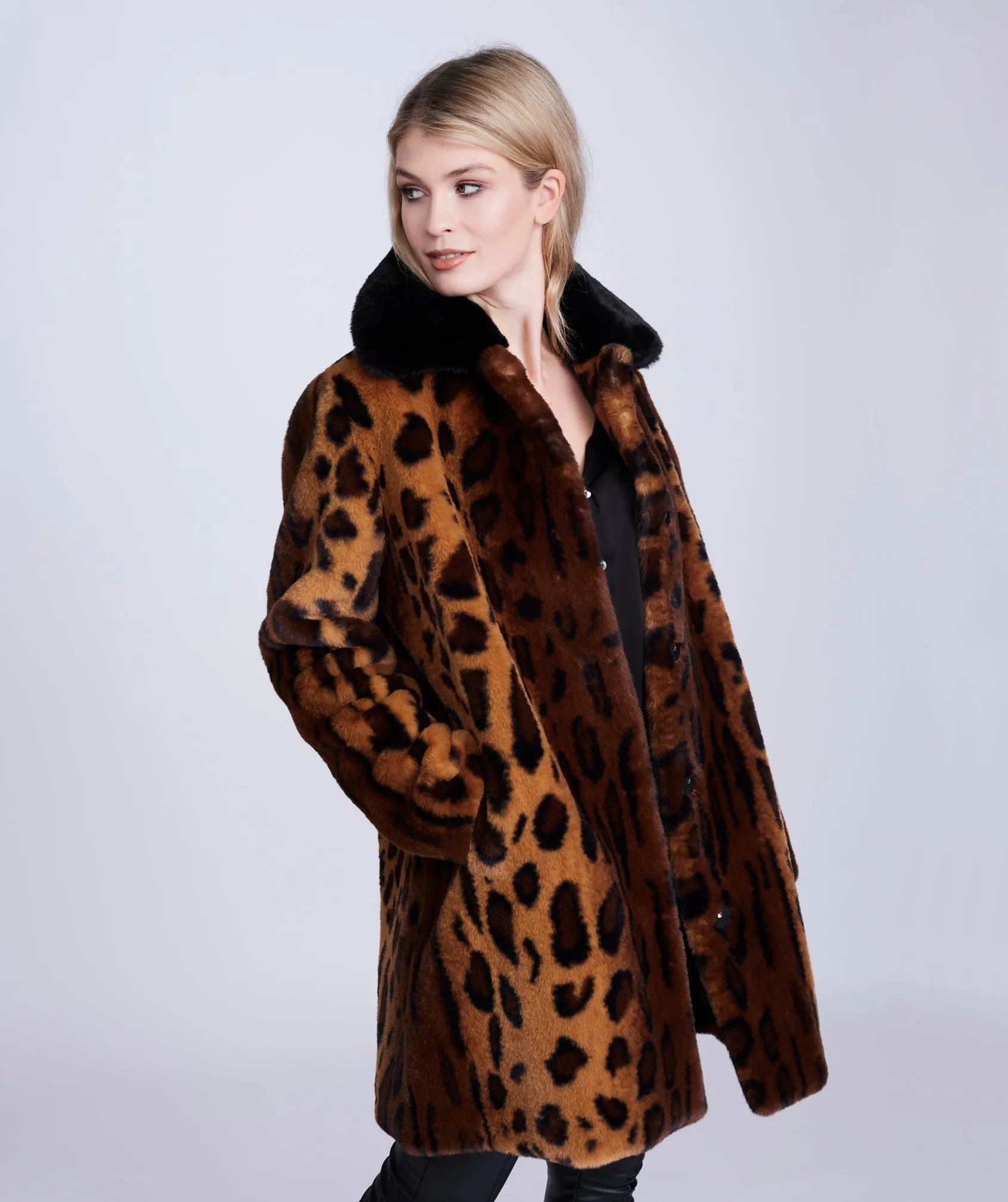 Leopard Print Faux Fur Coat with Notched Lapel and On-Seam Pockets