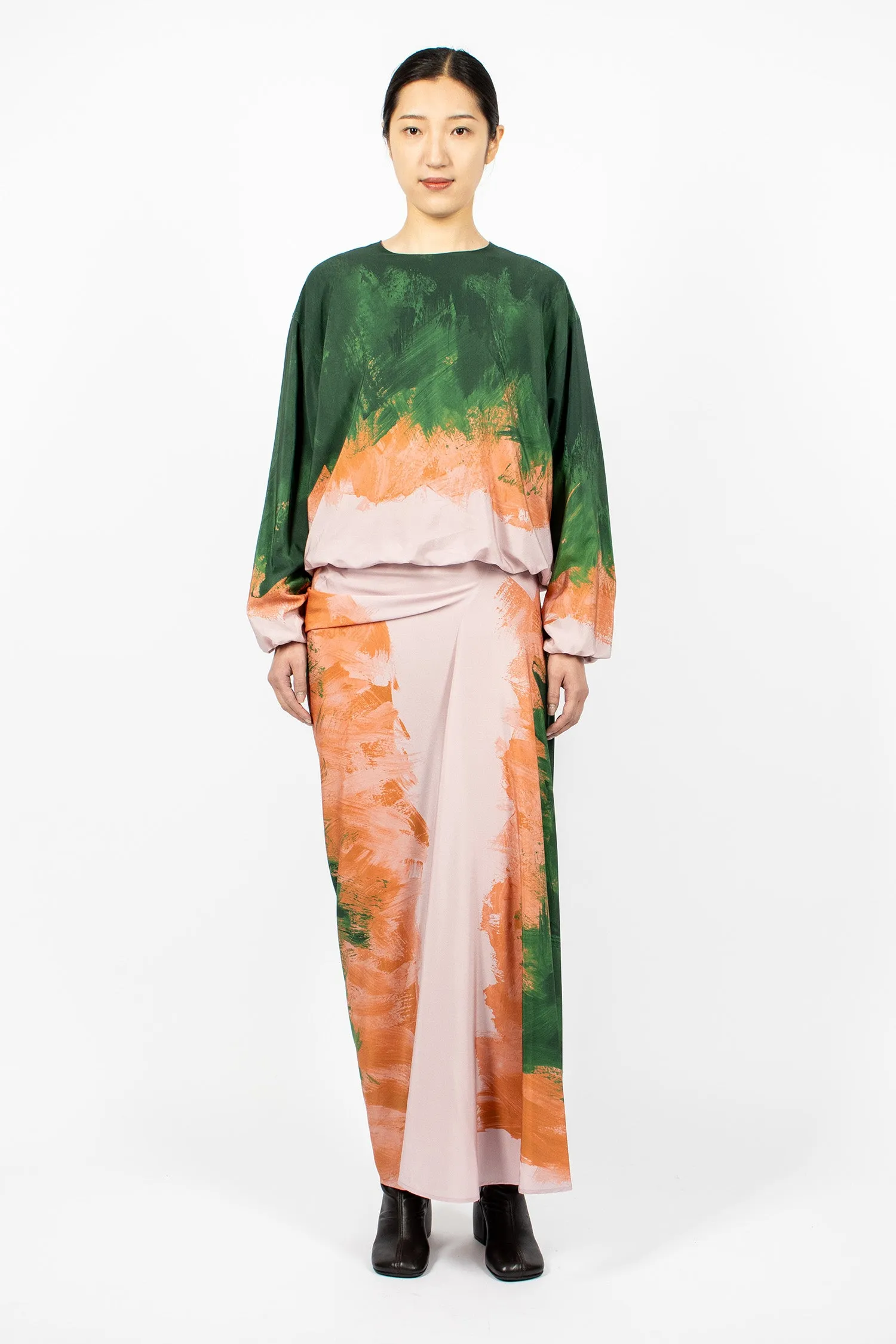 Long Draped Silk Skirt Green