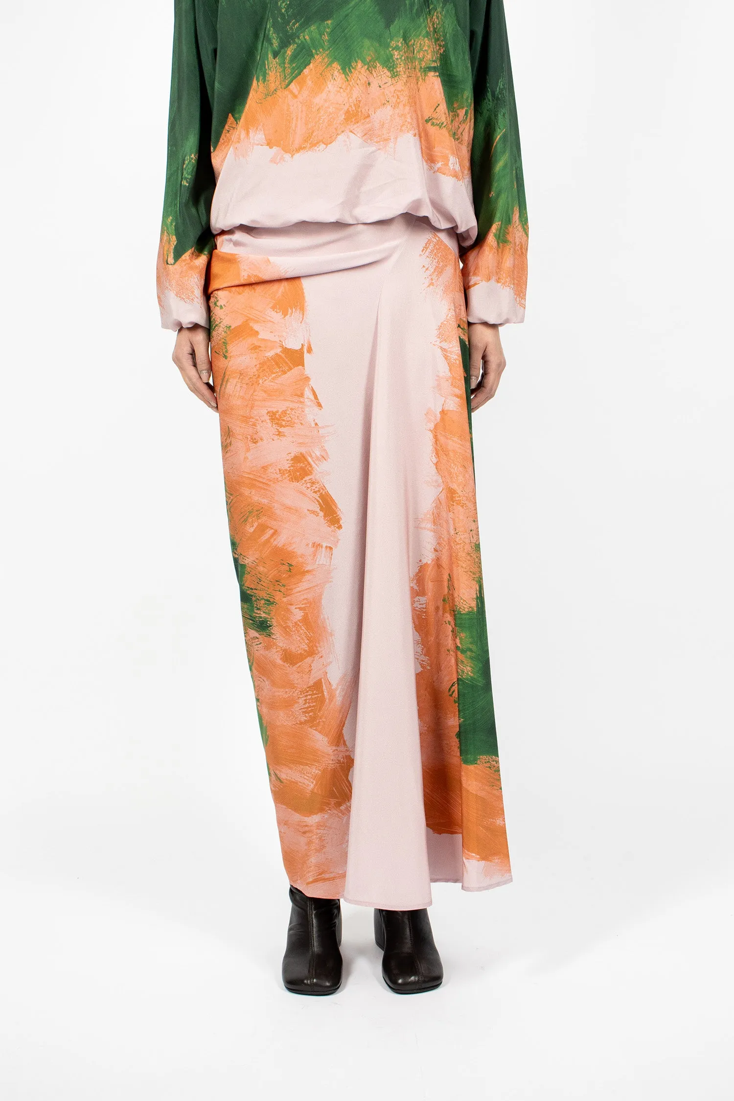 Long Draped Silk Skirt Green