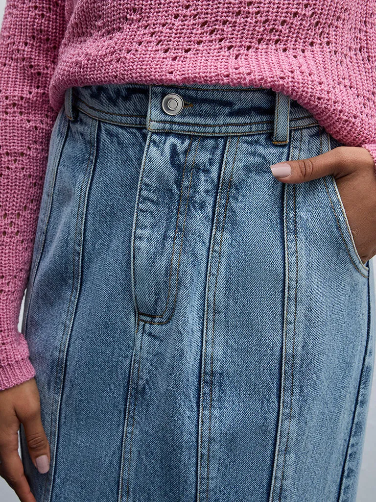 LOV Light Blue Acid Washed Striped Long Skirt