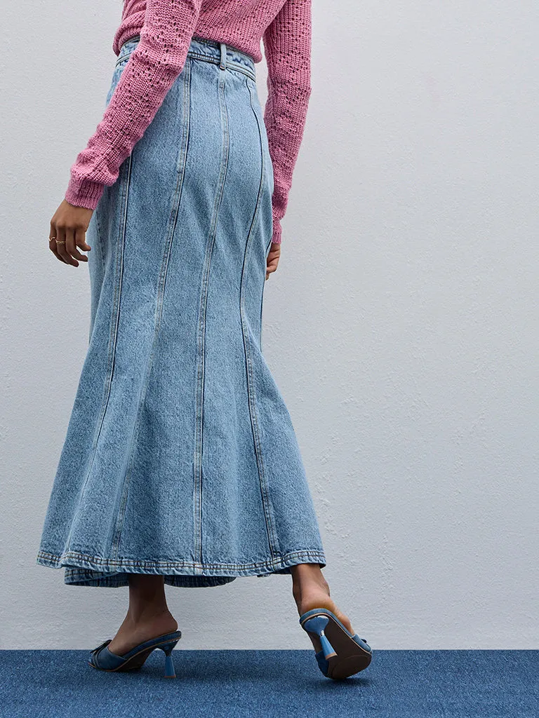 LOV Light Blue Acid Washed Striped Long Skirt