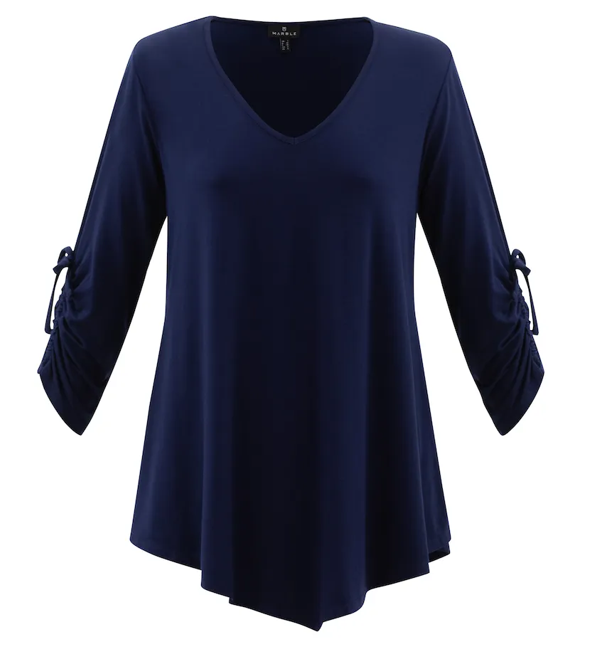 Marble 6572 Ruched Tie Sleeve Stretchy Tunic Style Top (3 Colours)