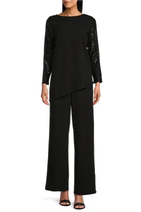 Marina crew neck sequin sleeves pullover construction scuba crepe pant set