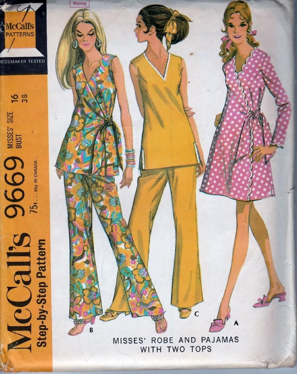 McCalls 9669 Vintage 1960's Sewing Pattern Ladies Wrap Robe Two Piece Pajamas