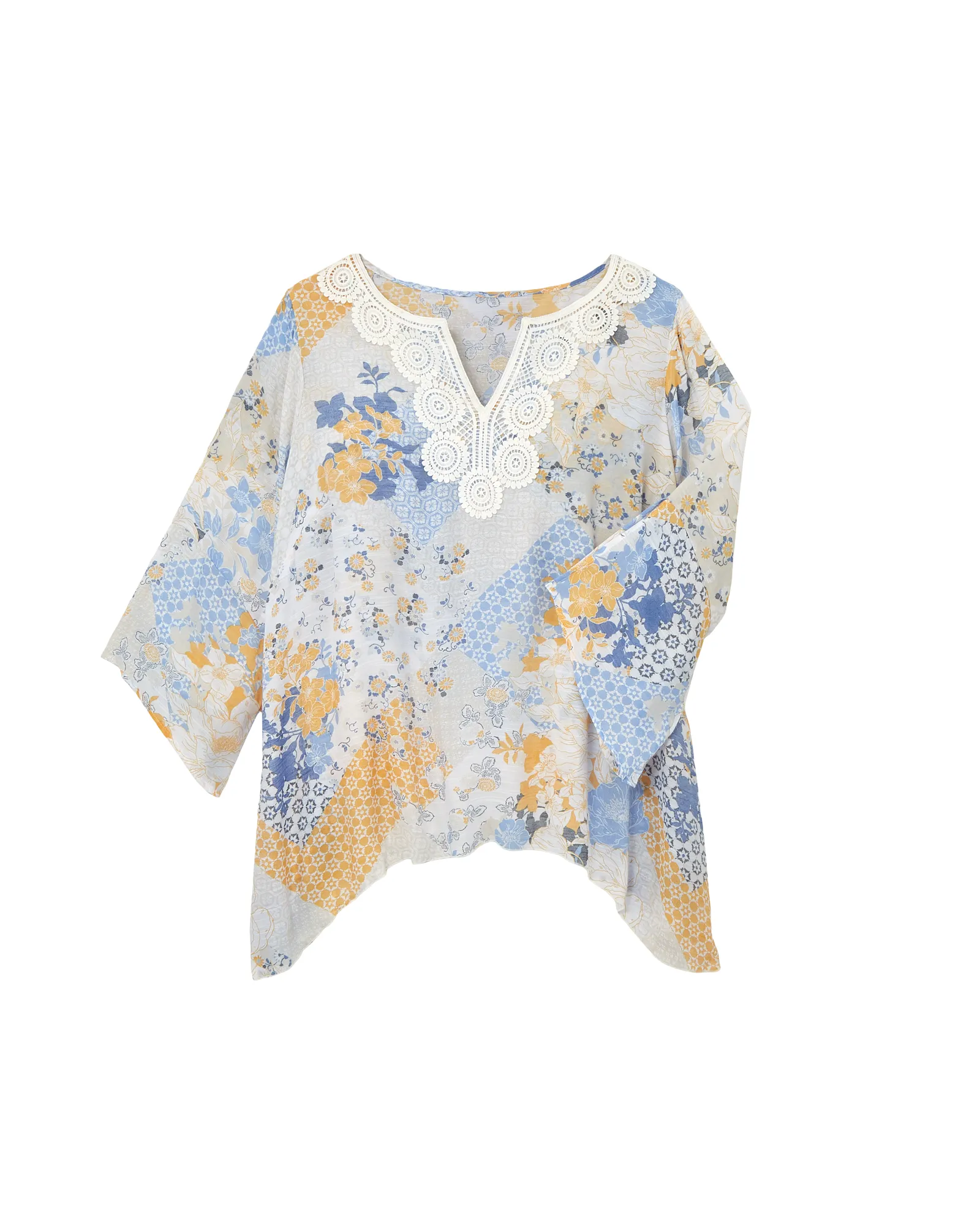 Melinda Flare Sleeve V-neck Blouse | Azure Blue / Gold