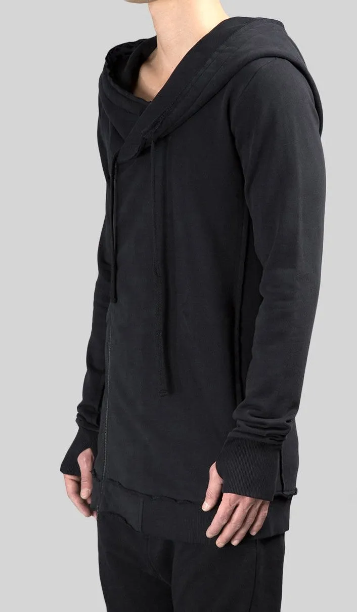 Men's Black Hoodie // Asymmetric Zip Closure // Gloves Sleeve // Big Hood / Oversized Skinny Sweatshirt