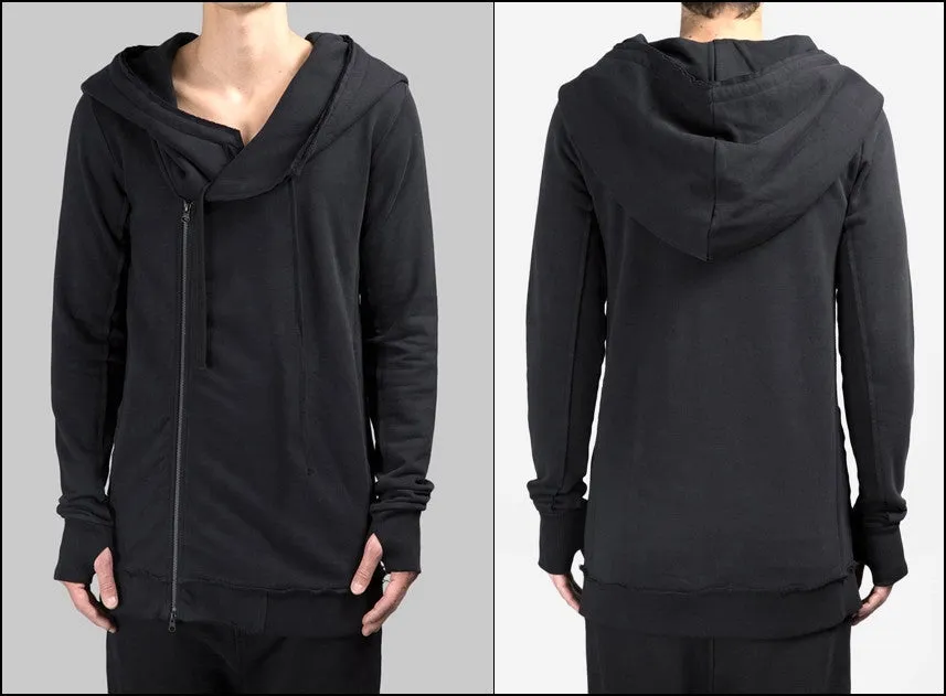 Men's Black Hoodie // Asymmetric Zip Closure // Gloves Sleeve // Big Hood / Oversized Skinny Sweatshirt