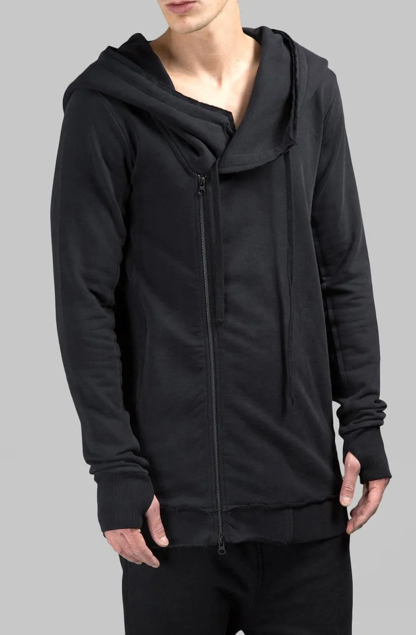 Men's Black Hoodie // Asymmetric Zip Closure // Gloves Sleeve // Big Hood / Oversized Skinny Sweatshirt