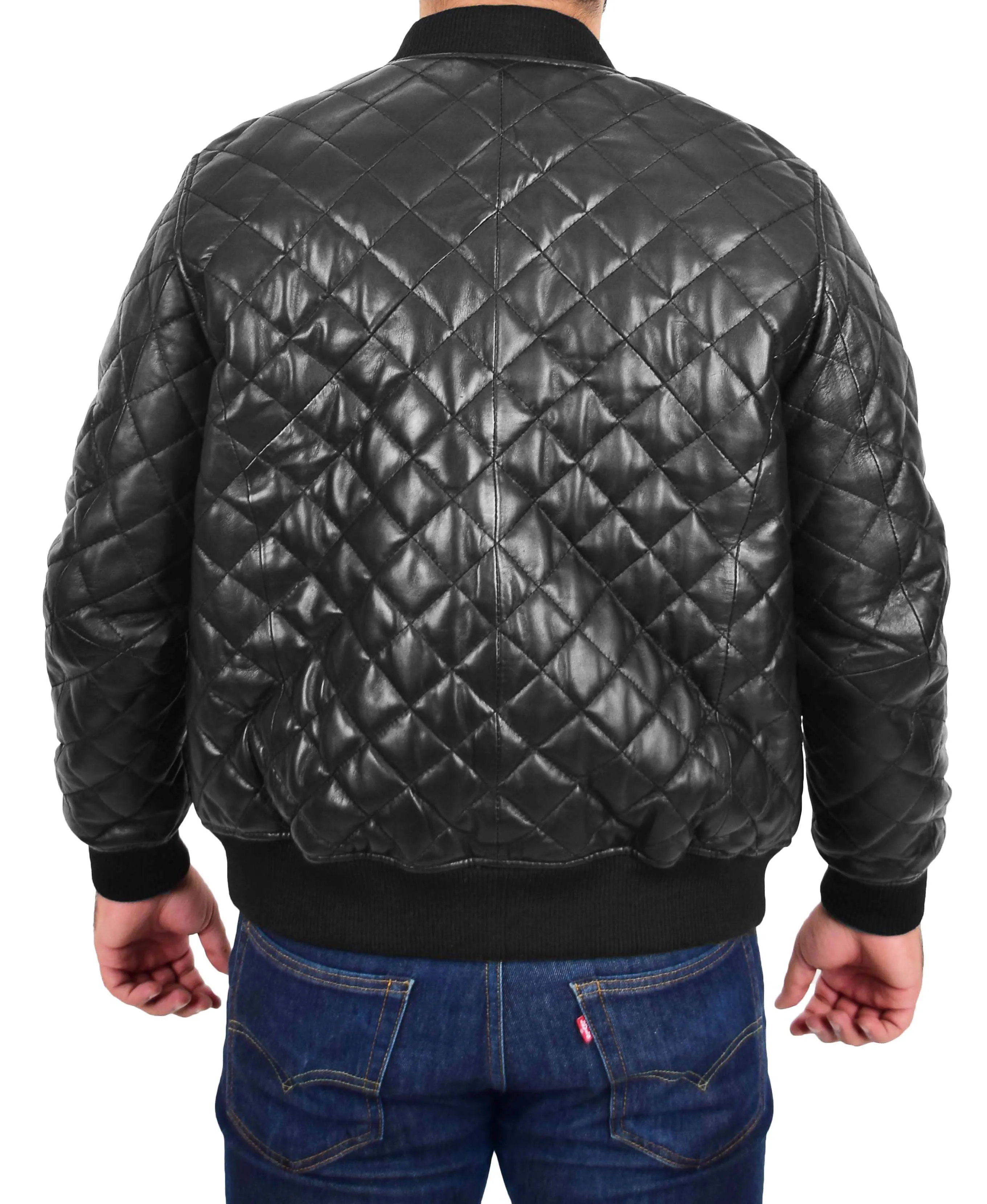 Mens Bomber Leather Jacket Black Fully Quilted Padded Fitted Varsity - Darren