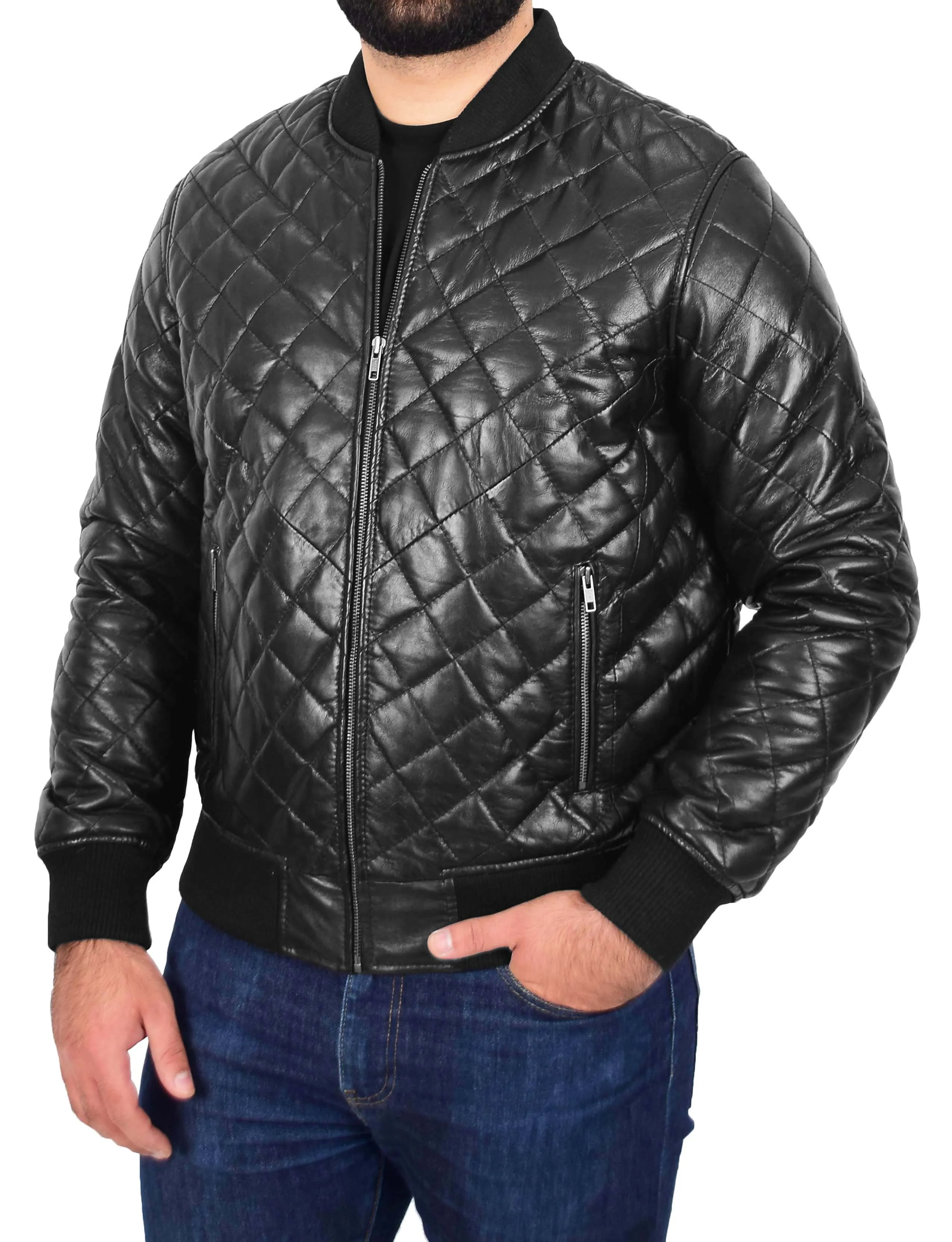 Mens Bomber Leather Jacket Black Fully Quilted Padded Fitted Varsity - Darren