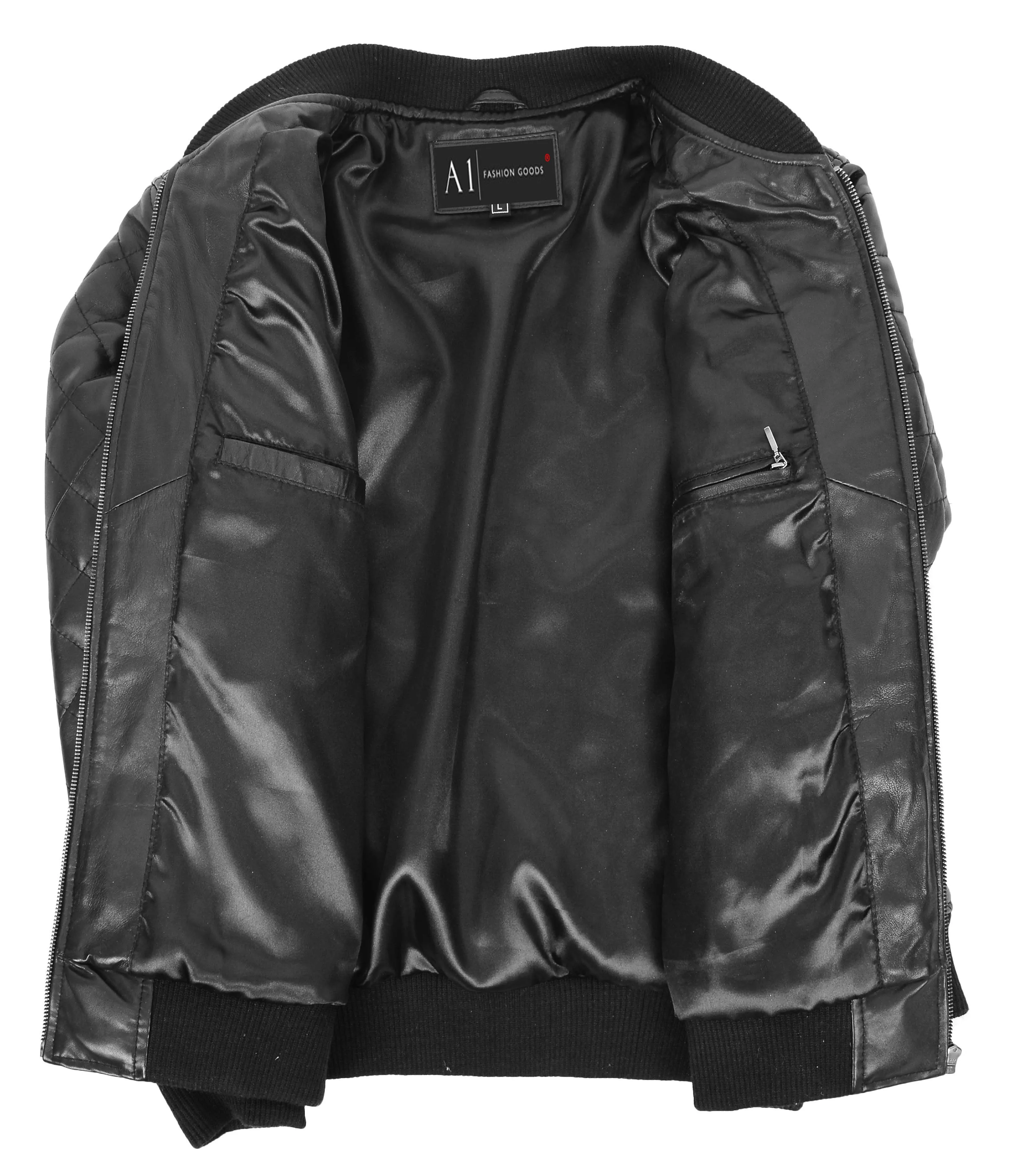 Mens Bomber Leather Jacket Black Fully Quilted Padded Fitted Varsity - Darren