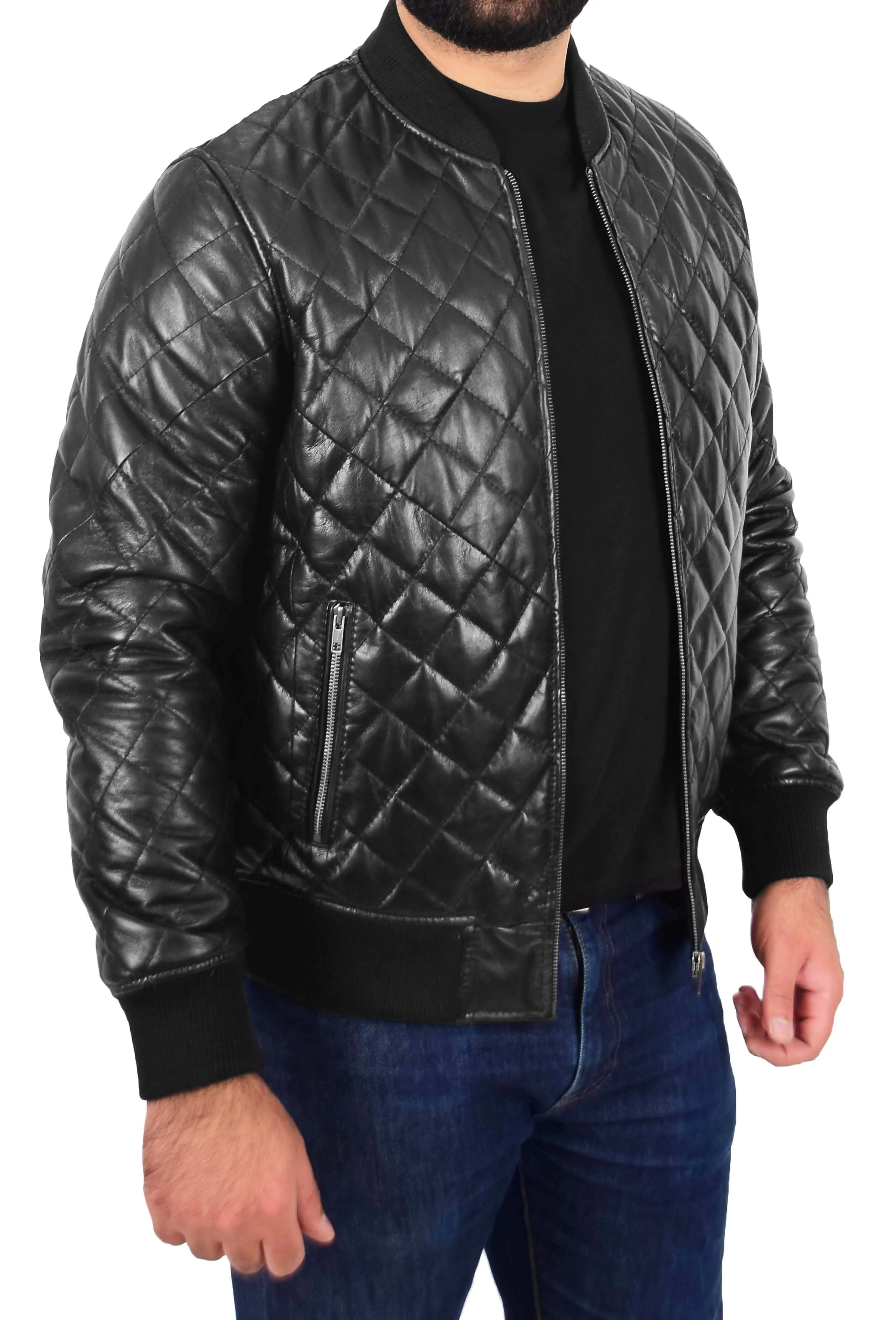 Mens Bomber Leather Jacket Black Fully Quilted Padded Fitted Varsity - Darren